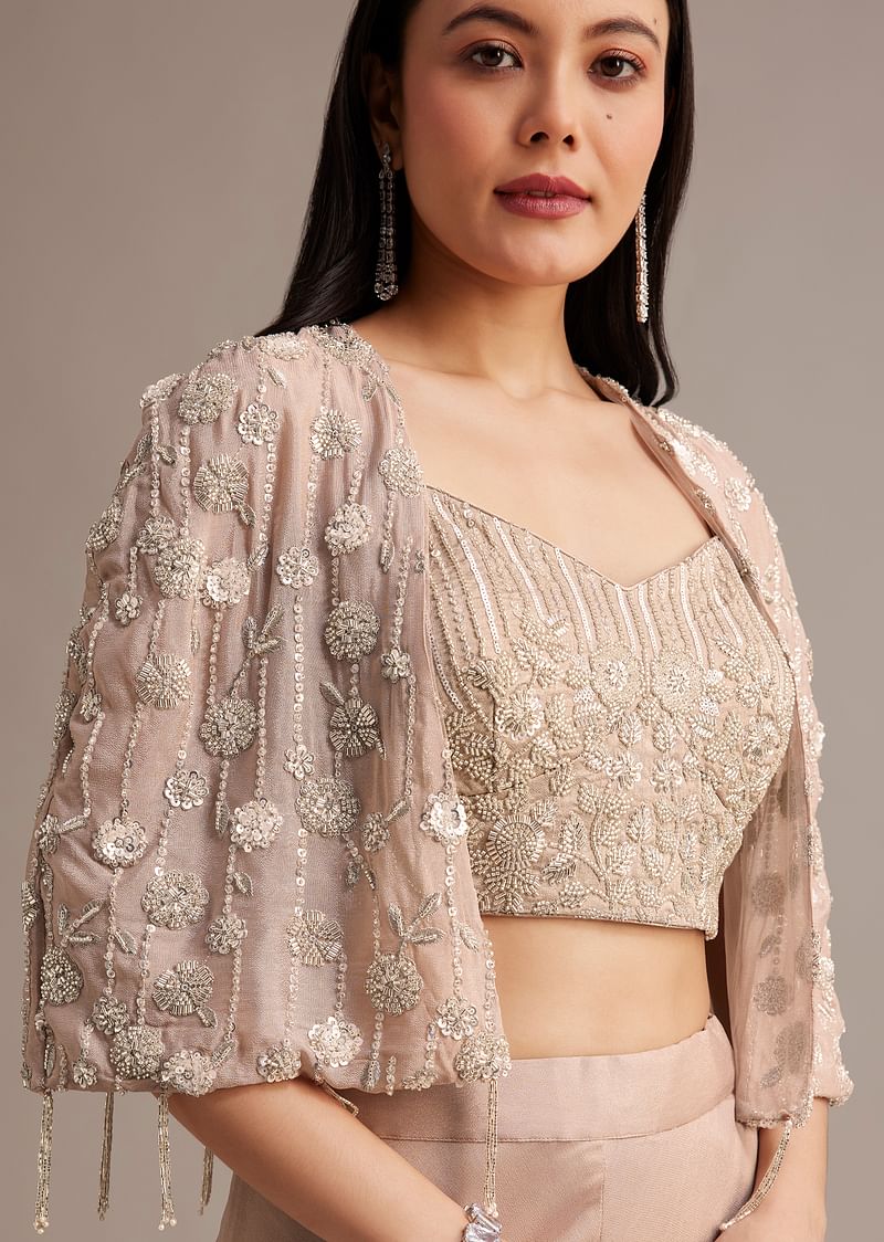 Beige Palazzo Set With Beads Sequins And Tassel - Image 4