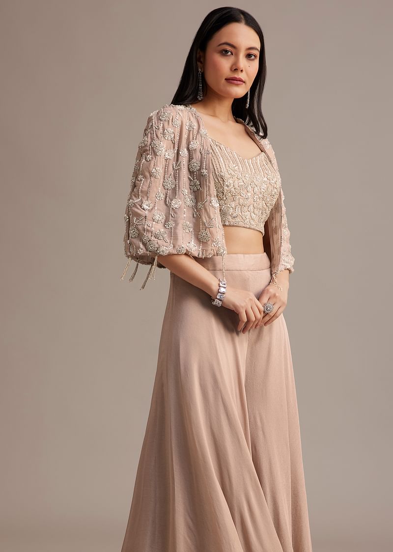 Beige Palazzo Set With Beads Sequins And Tassel - Image 5