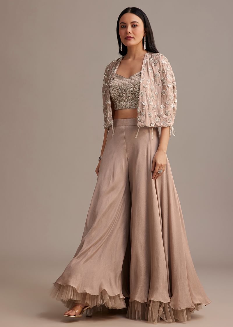 Beige Palazzo Set With Beads Sequins And Tassel
