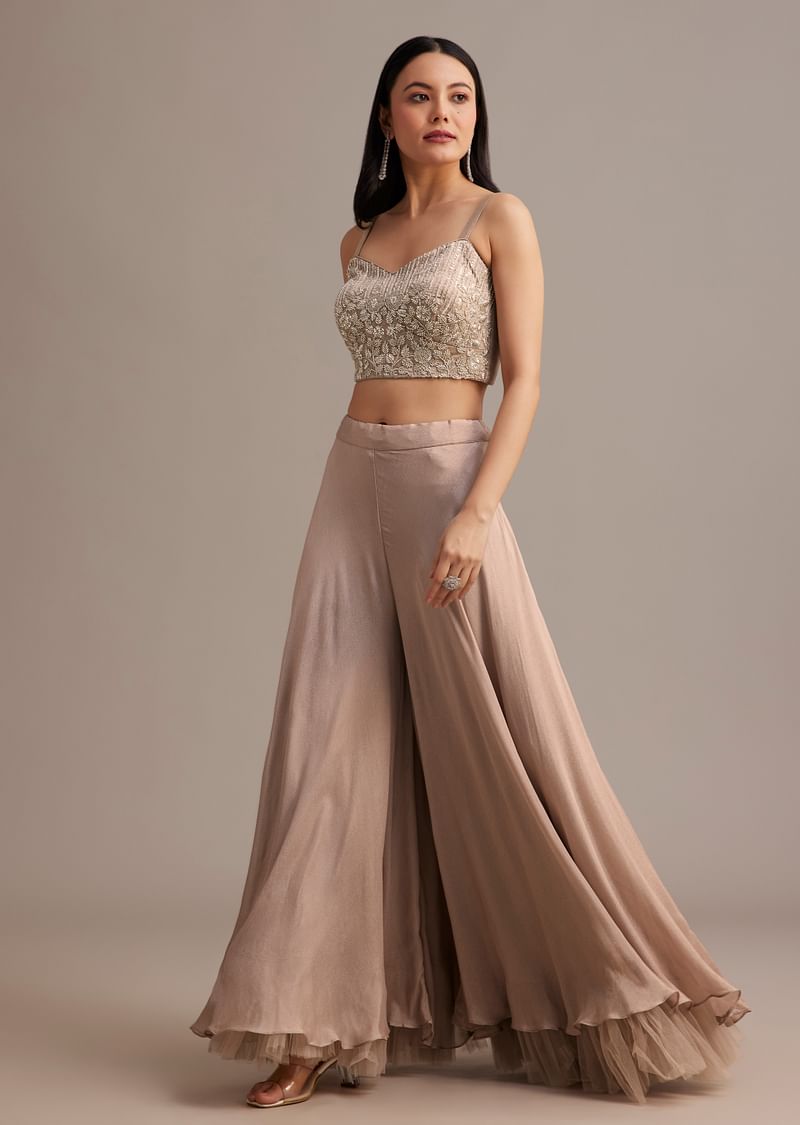 Beige Palazzo Set With Beads Sequins And Tassel - Image 3