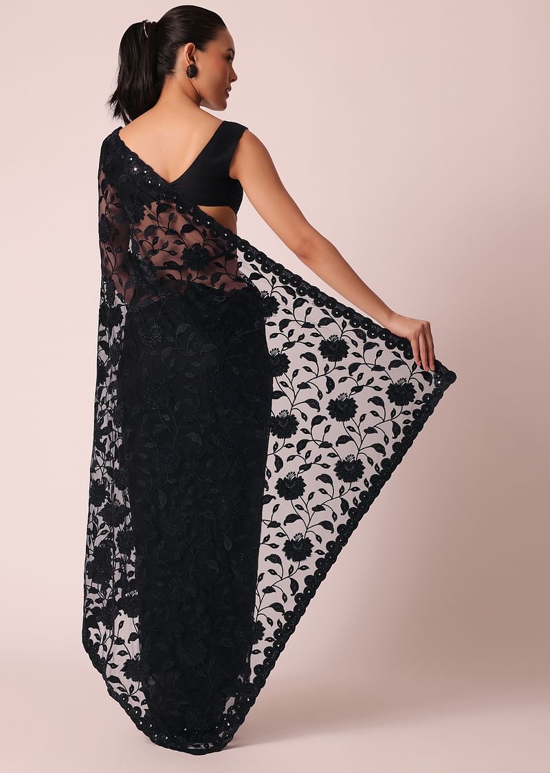 Black Net Saree With Floral Threadwork - Image 2