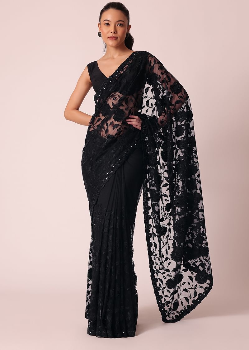 Black Net Saree With Floral Threadwork - Image 5