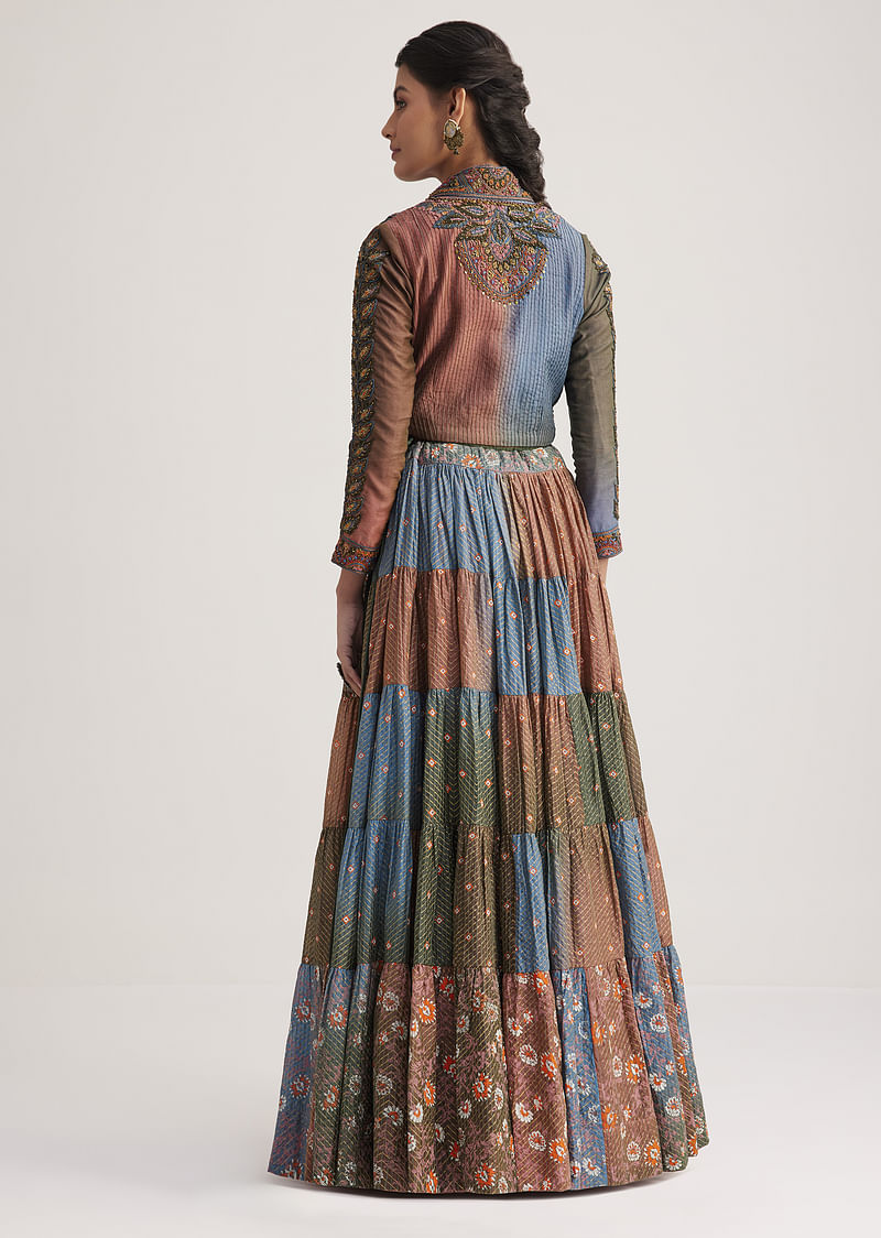 Multi Colored Chanderi Skirt Set With Kantha - Image 2