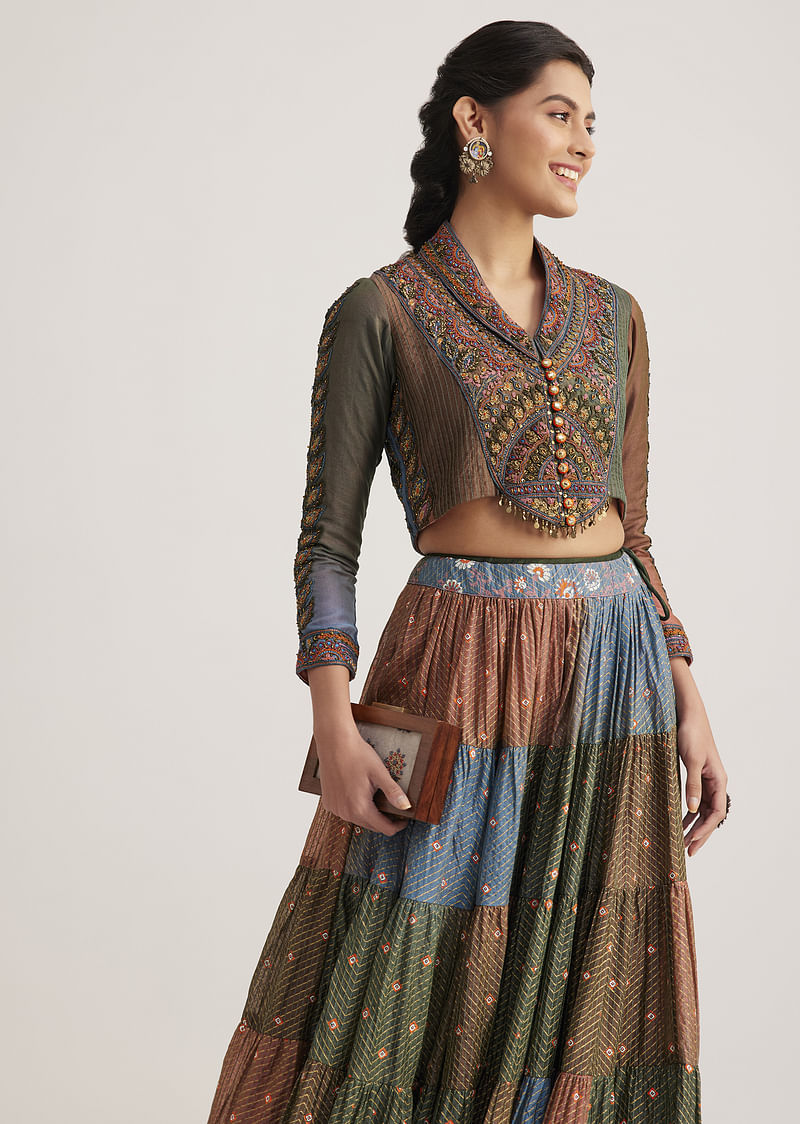 Multi Colored Chanderi Skirt Set With Kantha - Image 3