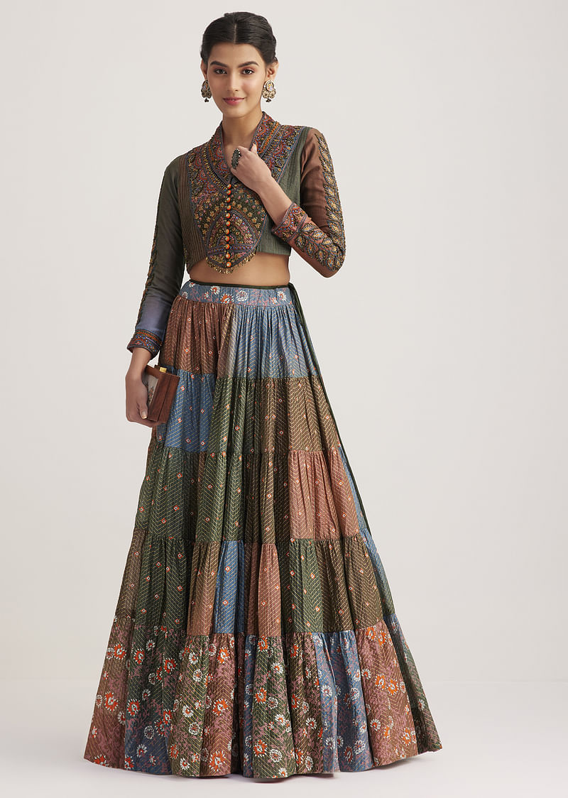 Multi Colored Chanderi Skirt Set With Kantha - Image 4