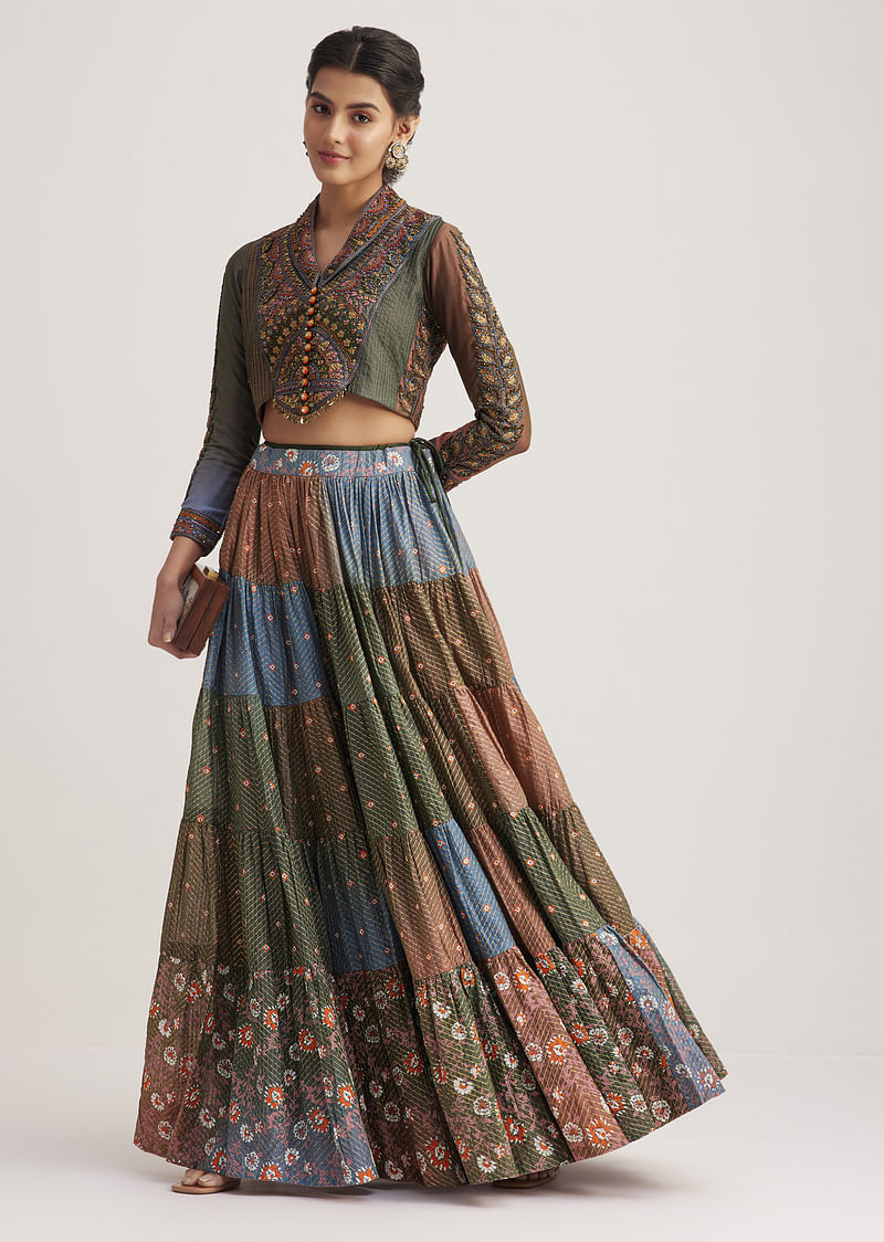 Multi Colored Chanderi Skirt Set With Kantha