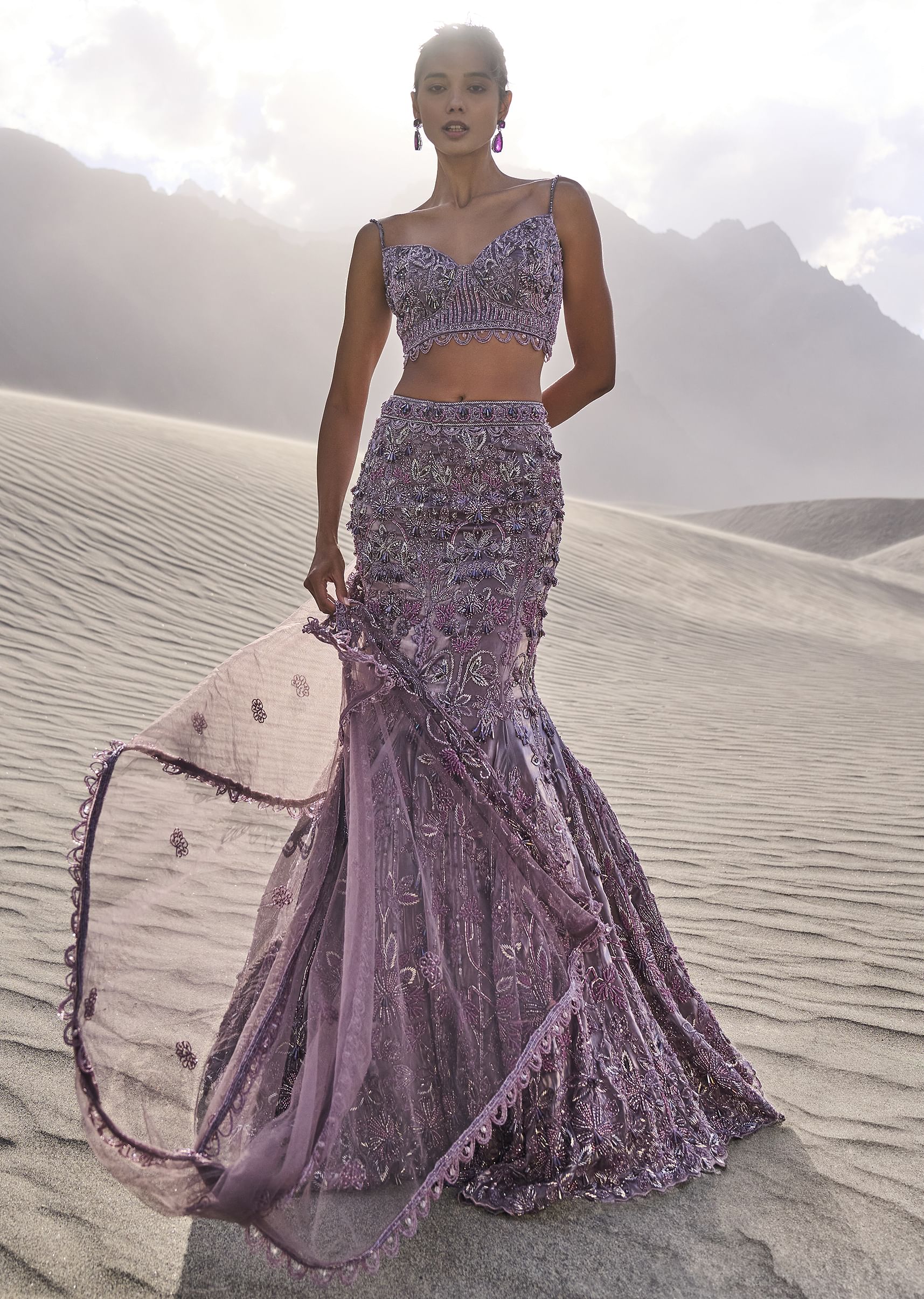 Purple Embroidered Fancy Organza Fishcut Lehenga With Blouse
