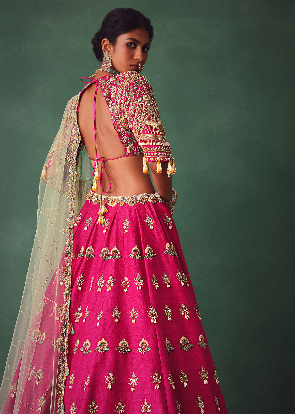 Deep Pink Bridal Butti Work Lehenga With Tassels on Blouse - Image 6
