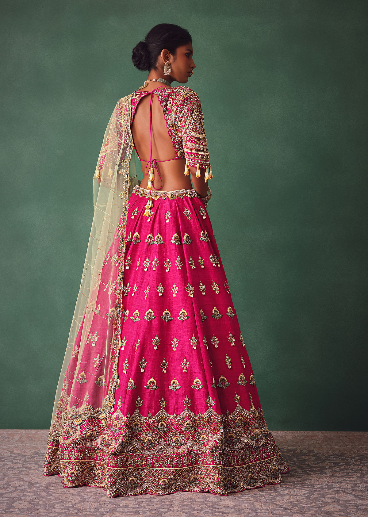Deep Pink Bridal Butti Work Lehenga With Tassels on Blouse - Image 5