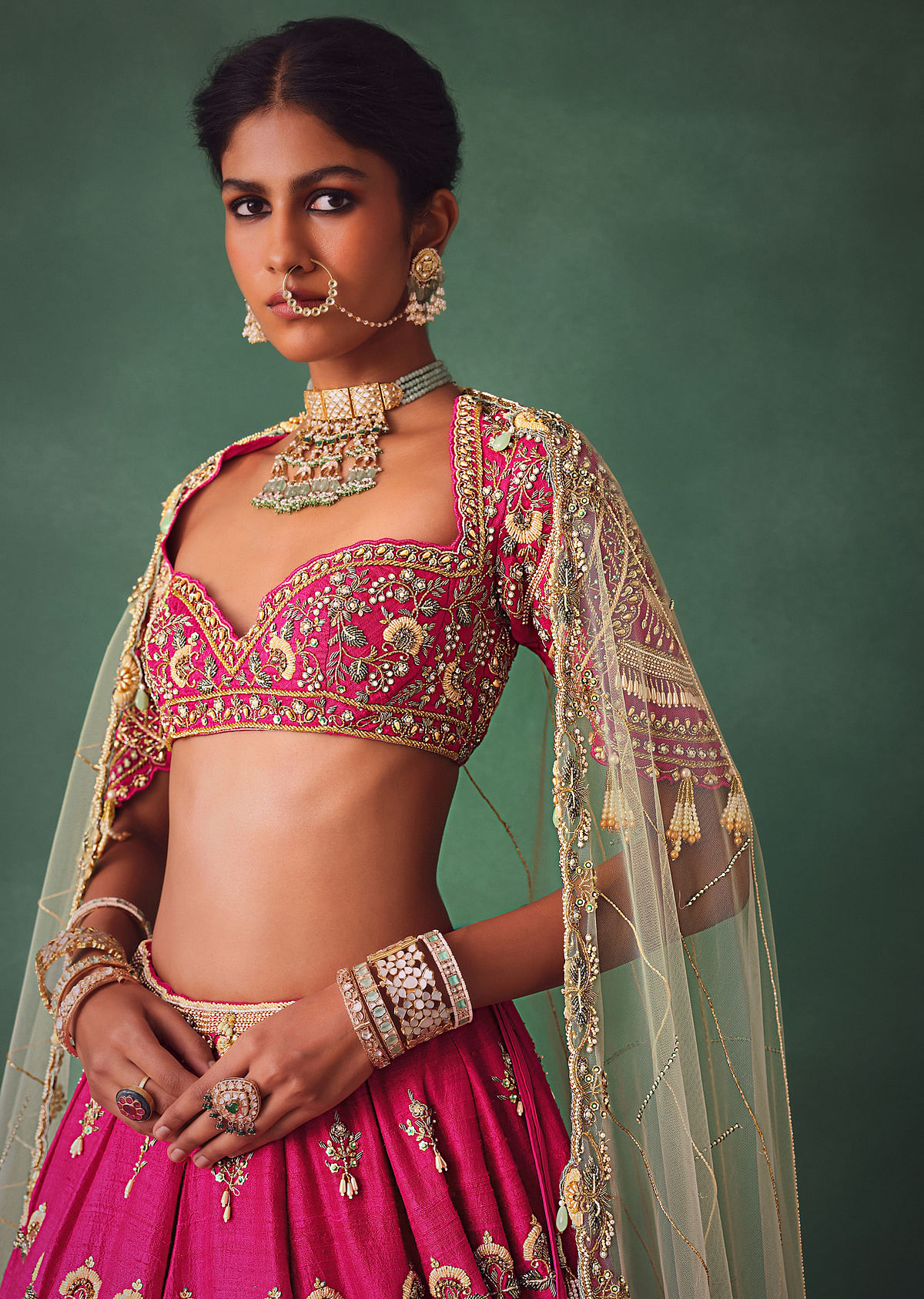Deep Pink Bridal Butti Work Lehenga With Tassels on Blouse - Image 4