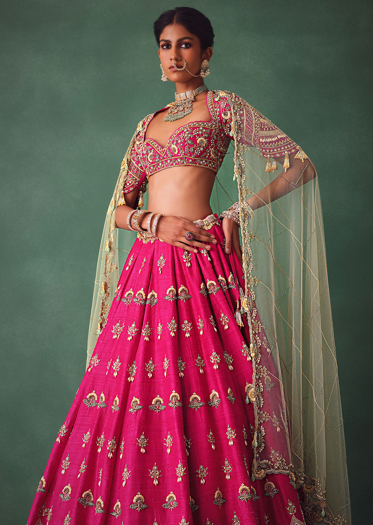 Deep Pink Bridal Butti Work Lehenga With Tassels on Blouse - Image 3