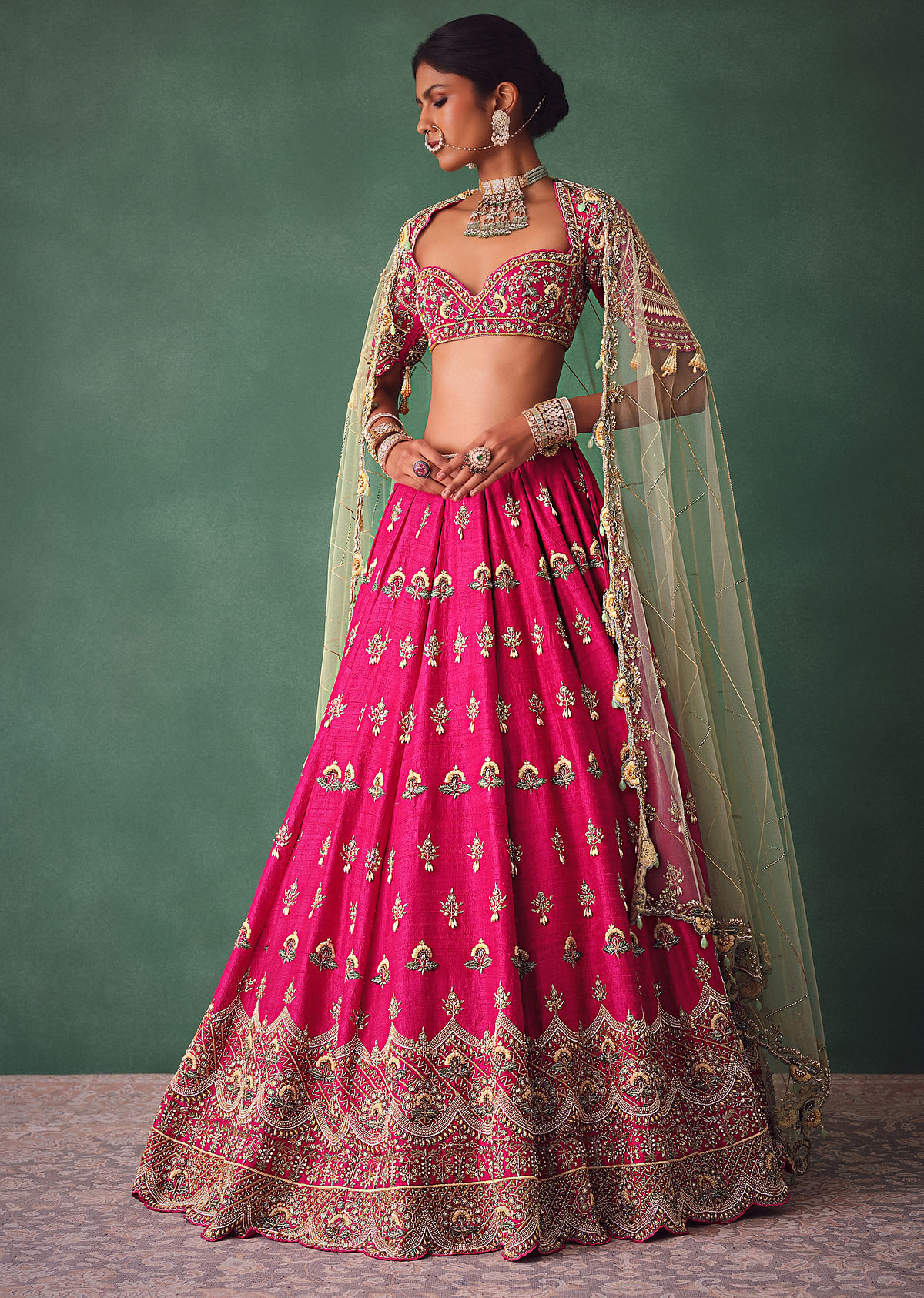 Deep Pink Bridal Butti Work Lehenga With Tassels on Blouse - Image 2
